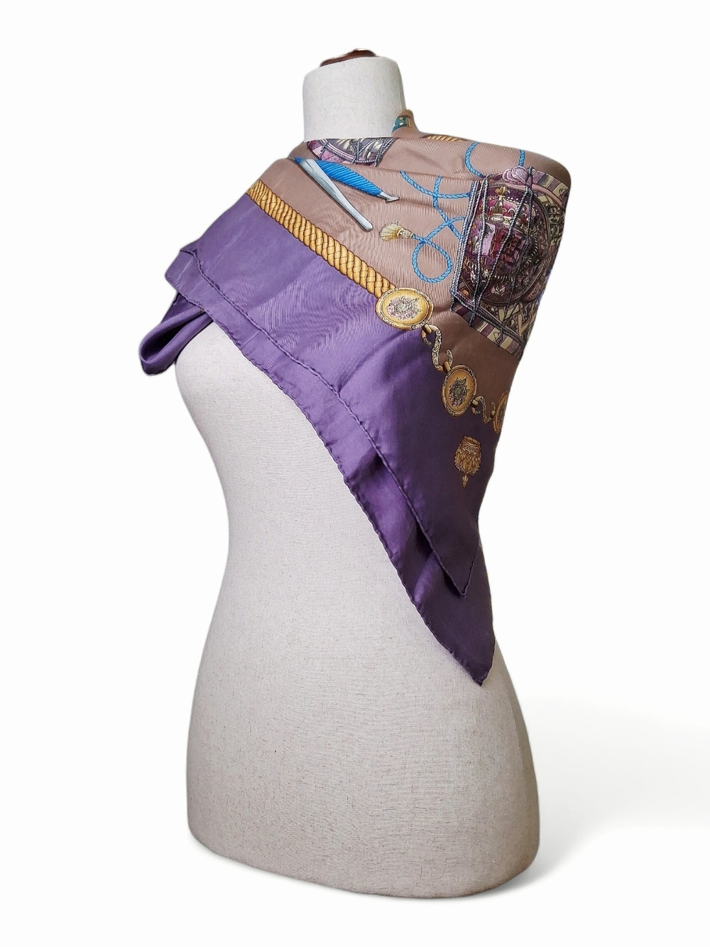 Hermes Women's Carre 90 100% Silk Les Tambours Purple Gold Scarf